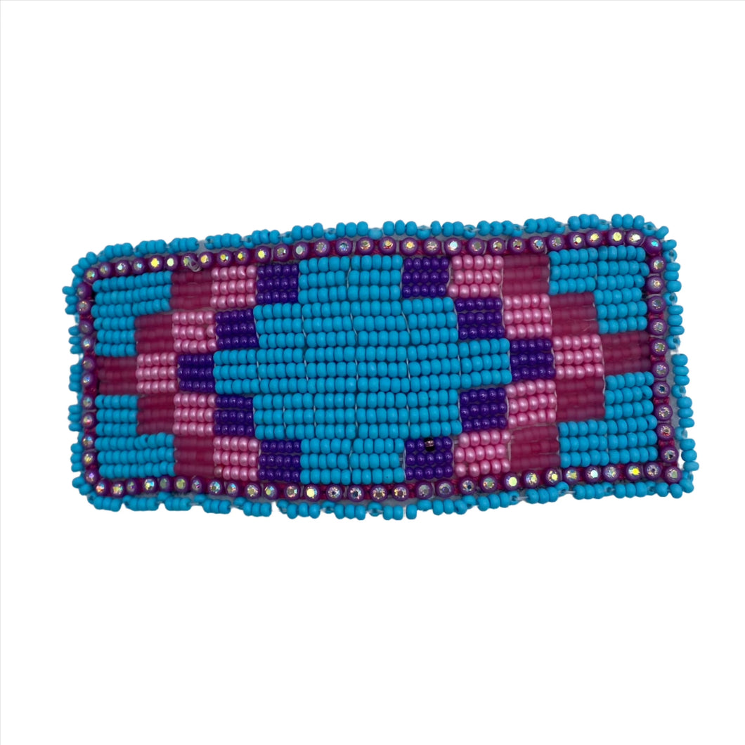 Bubble Gum Pink and Turquoise Checkered Beaded Hair Barrette