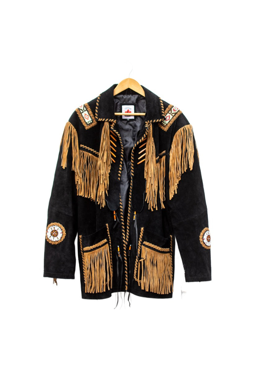 Unisex Beaded Leather Fringe Jacket | Black